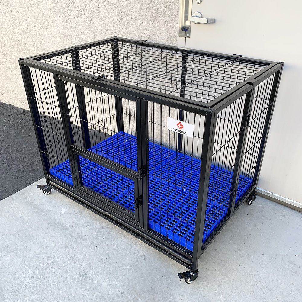 New $220 Folding Dog Cage 43x30x34” Heavy Duty Single Door Kennel w/ Plastic Tray