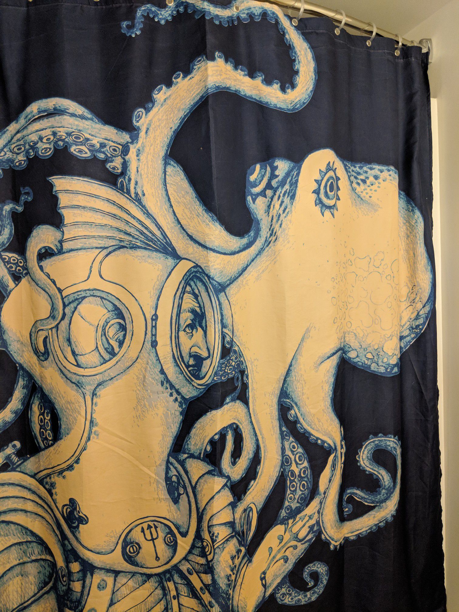 Society6 Octopus Shower Curtain Set Nautical Bathroom Decor Kraken and Scuba Diver Gold Tentacles Blue Polyester Fabric clear plasti hooks included