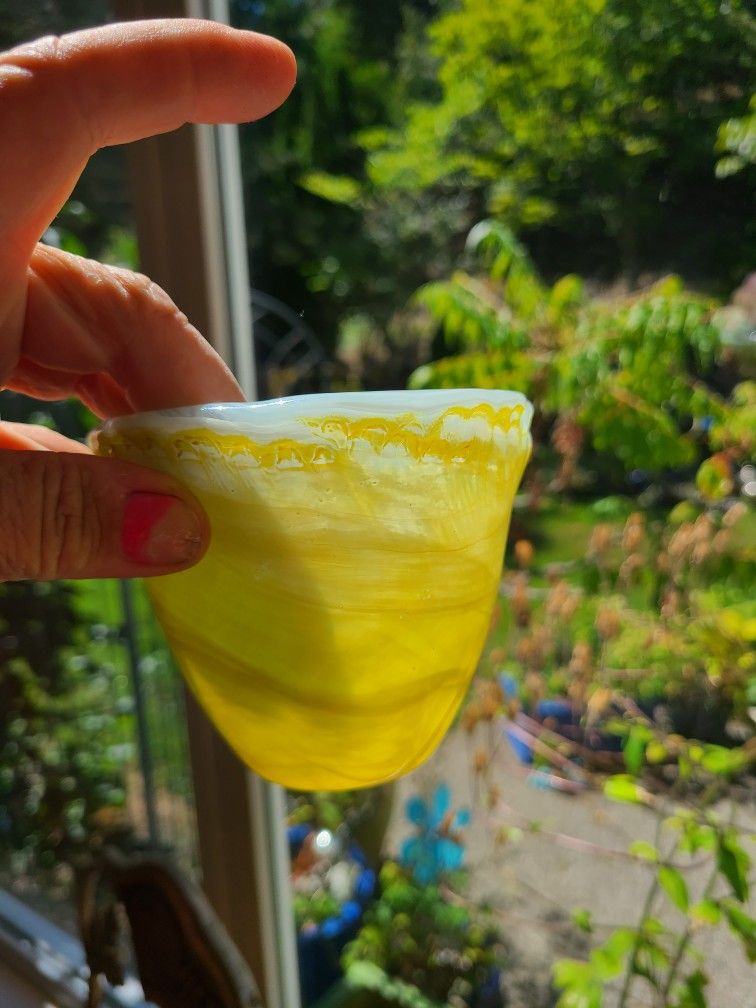 Spanish Blown Glass Hand Applied Cold Paint Process Lemon Yellow Drip Vase Bowl