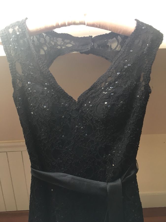 Floor-length black satin beaded gown