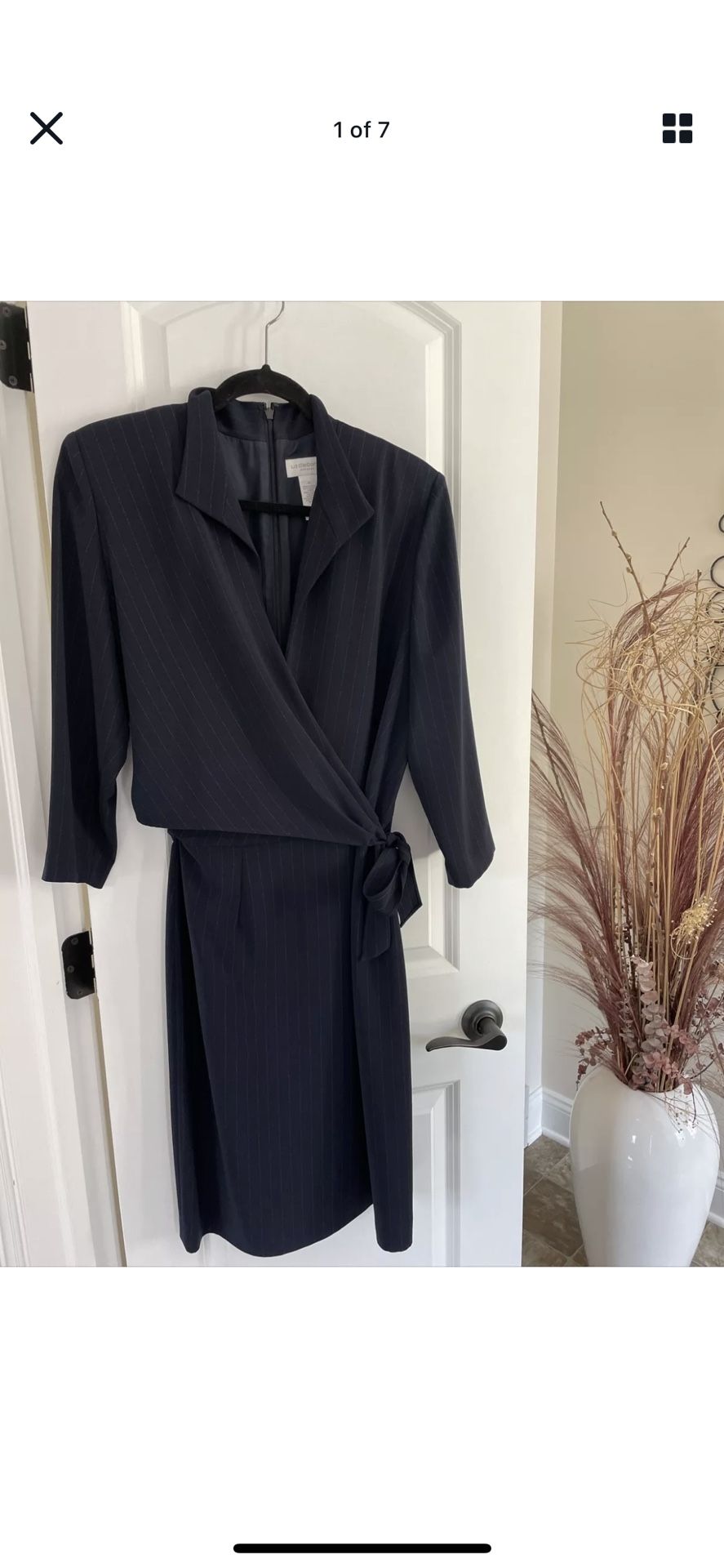 Liz Claiborne Wrap Dress: Navy Blue with Metallic Striping and Side Tie Size 12
