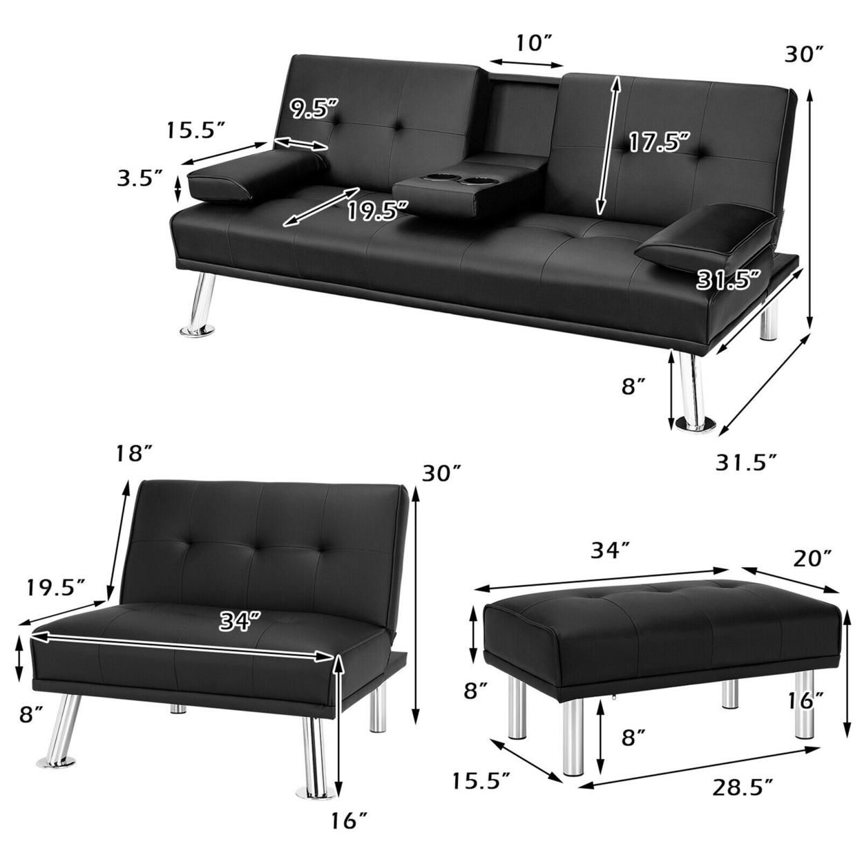 Gymax 3-Piece Sectional Sofa Set Convertible Futon w/Single Sofa & Ottoman Black