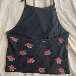 Black Halter Top With Red Roses Thumbnail