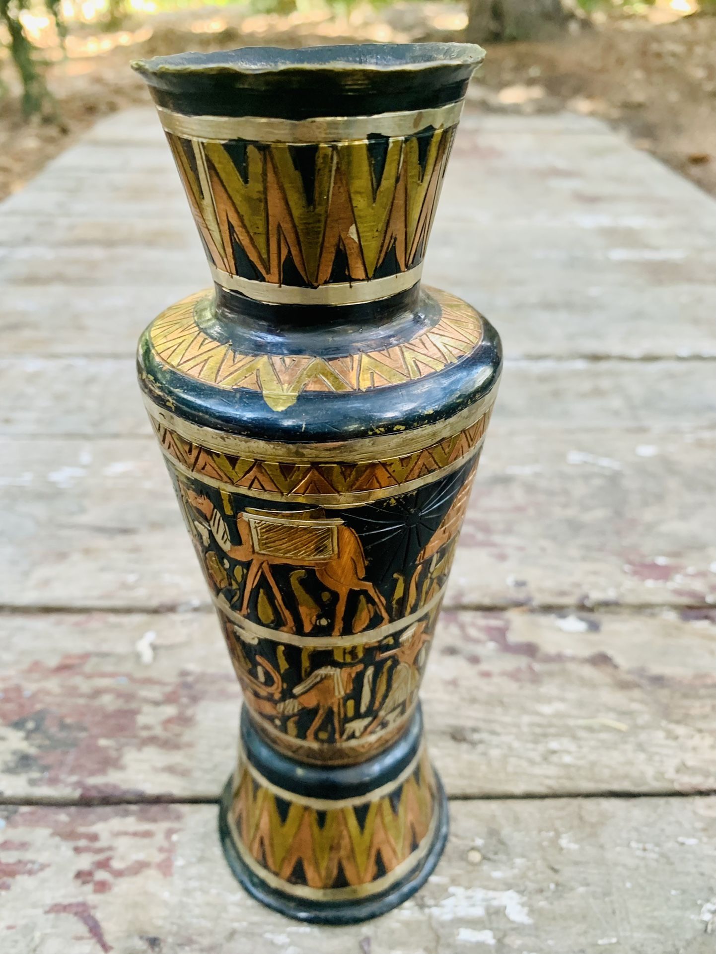 Egyptian Revival Brass Etched Pyramid Paperweights And Urn