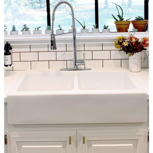 SINKOLOGY Josephine Quick-Fit Drop-in Farmhouse Fireclay 33.85 in. 3-Hole Double Bowl Kitchen Sink in Crisp White - #75265- OS