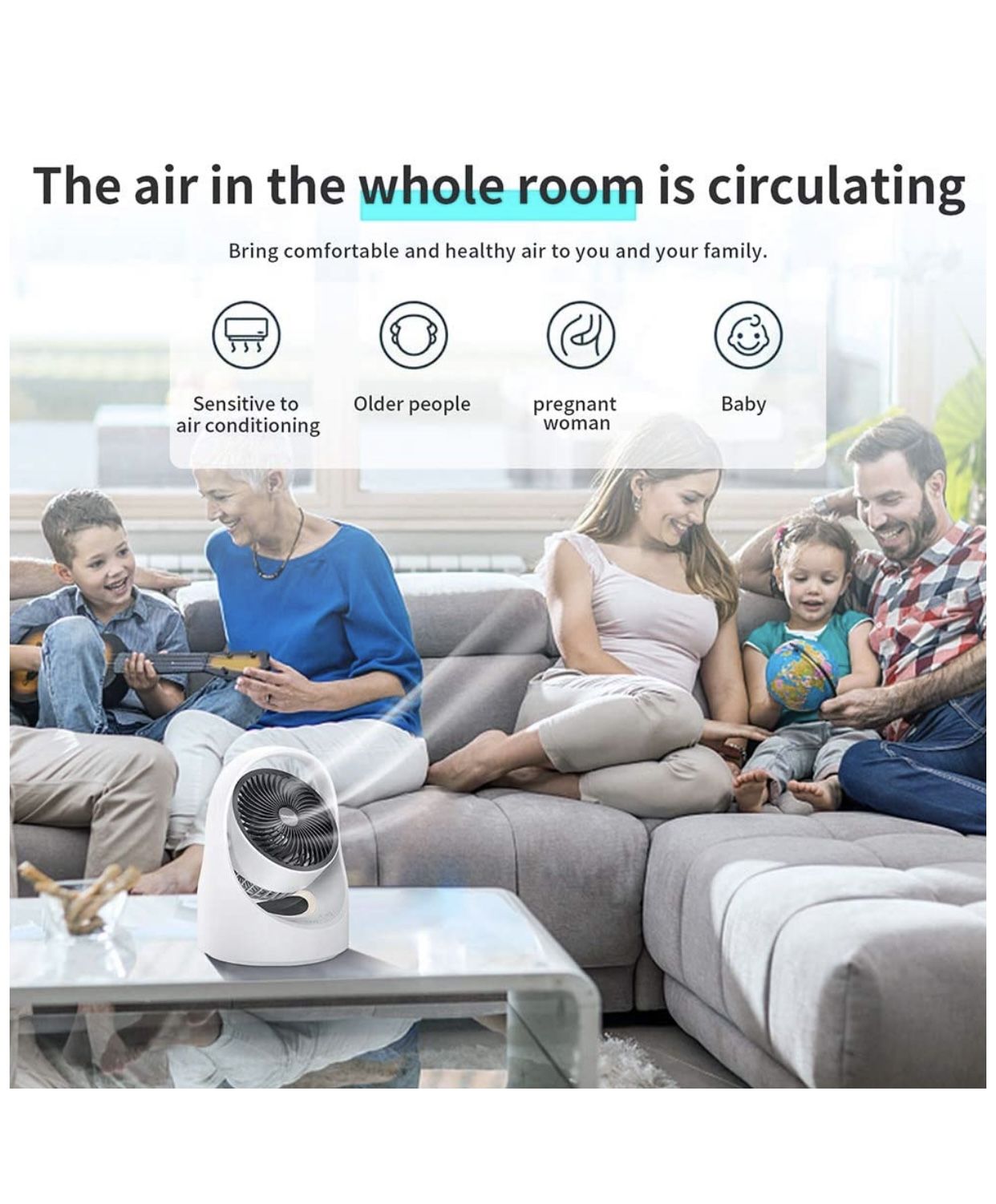Air Circulator Fan Energy Smart Table Fan Whole Room Oscillating Cordless Fan with LED Light 4 Speeds USB Power Quiet Portable Desk Fan for Home Offic