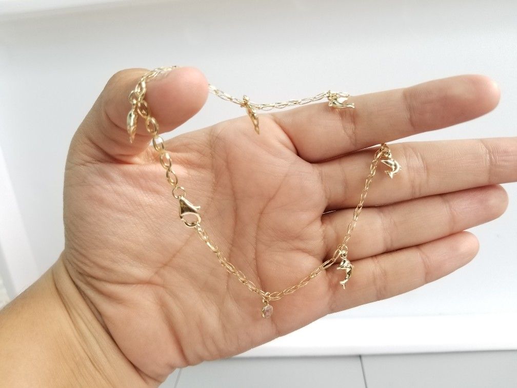 10k Yellow Gold Dolphin Anklet Cz Link Chain Tobillera De Mujer Delfines Con Piedras Cz 10 Inches Pulgadas