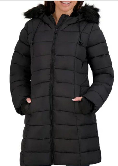 Womens Mid Length Parka Jacket With Removable Faux Fur Hood