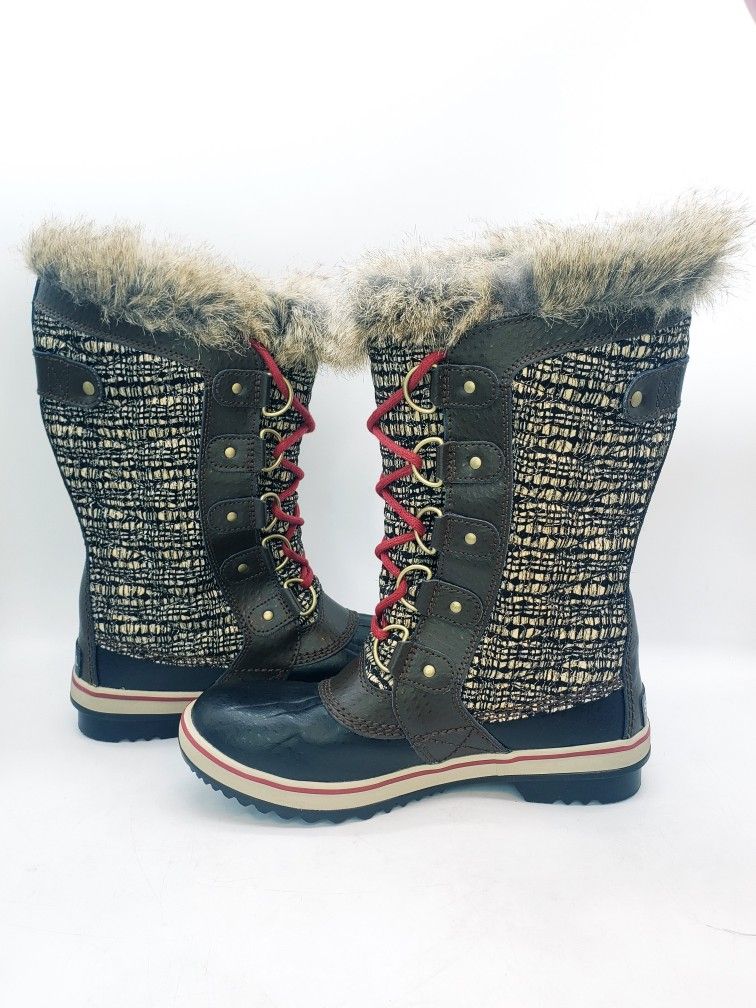 SOREL Waterproof Brown/Black Rubber Snow Boots Faux Fur Lined Womens Size 6