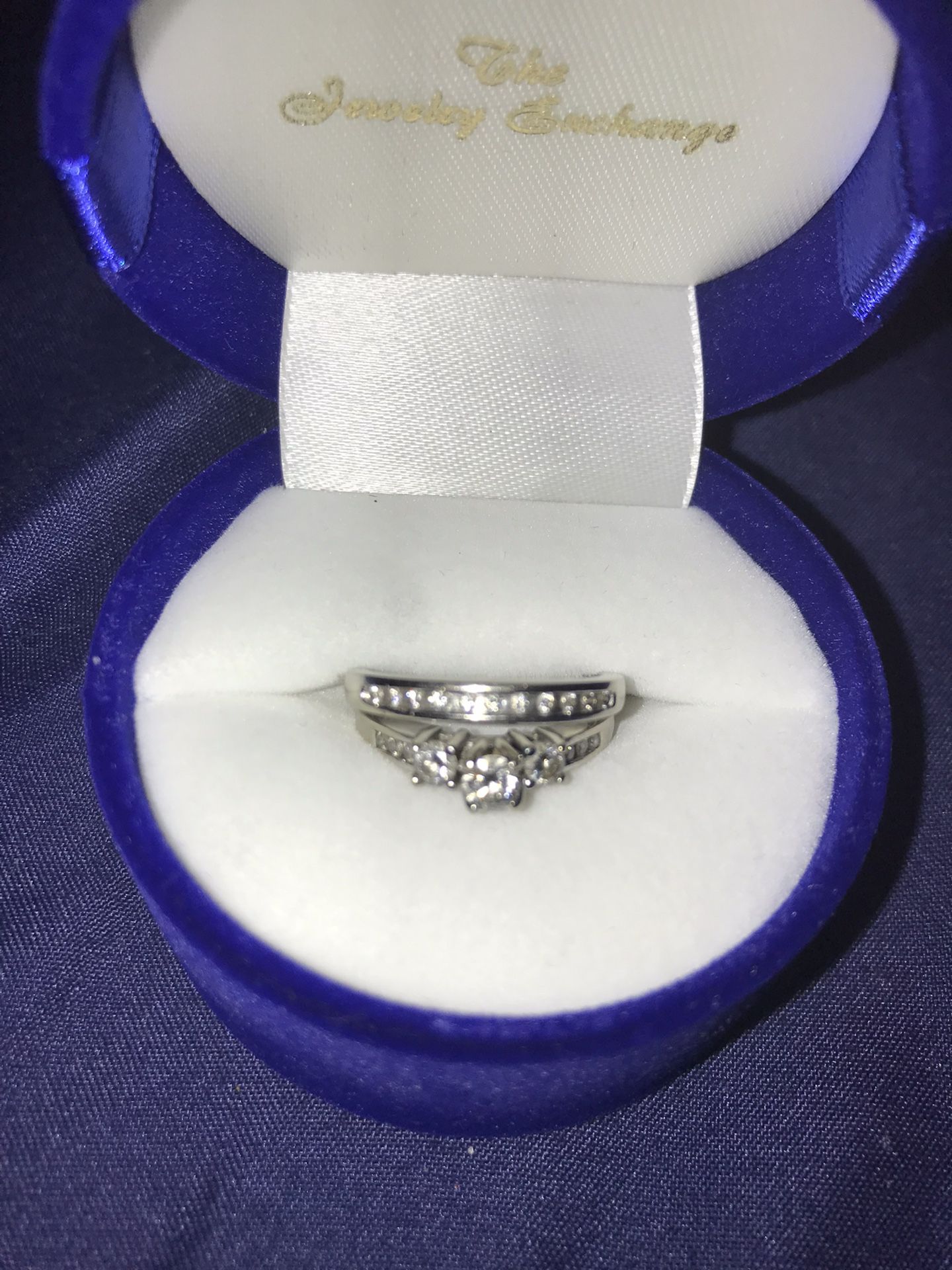 Triple Diamond Engagement Ring, Plus Diamond Wedding Band 14k White Gold