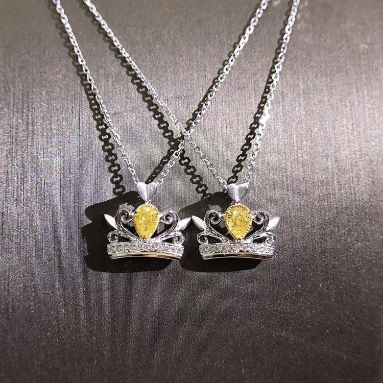 "Lovely Crown Shape Yellow Crystal Pur Pear Zircon Silver Necklace, L591