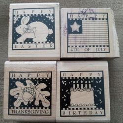 Lot 4 Holiday Wood Mounted Rubber Stamps Thanksgiving Easter Birthday 4th July Thumbnail