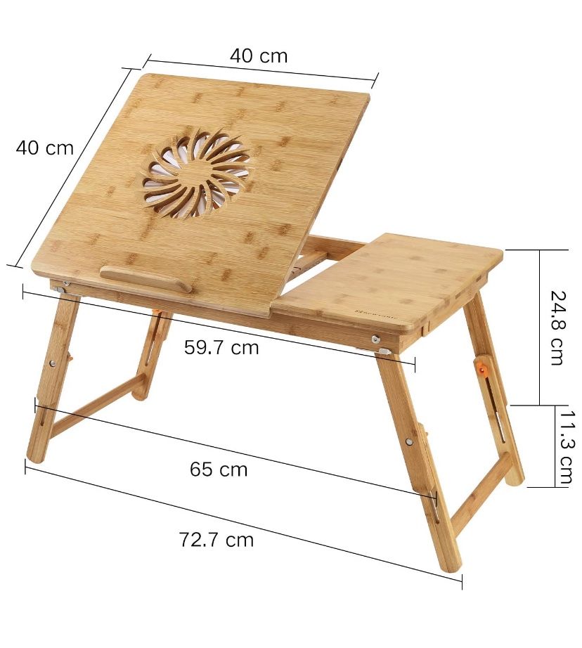 Nnewvante Laptop Desk Adjustable Laptop Desk Table 100% Bamboo with USB Fan Foldable Breakfast Serving Bed Tray w' Drawer Leg Cover