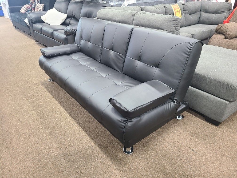 Brand New In Stock Black Leather Futon Sofa Bed
