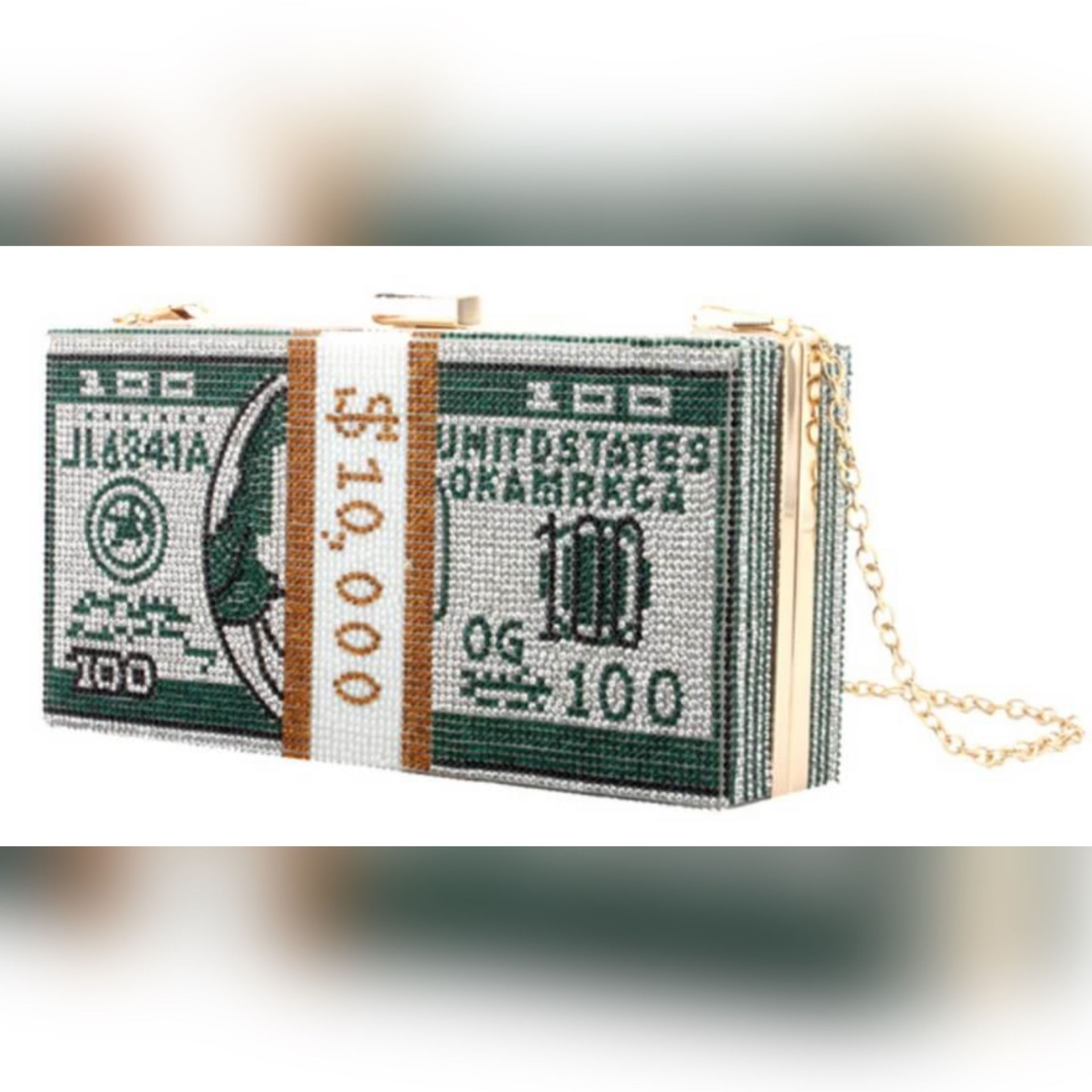 Women’s Green Bedazzled & Pearls Crossbody/Clutch Gold Chain Money Bag