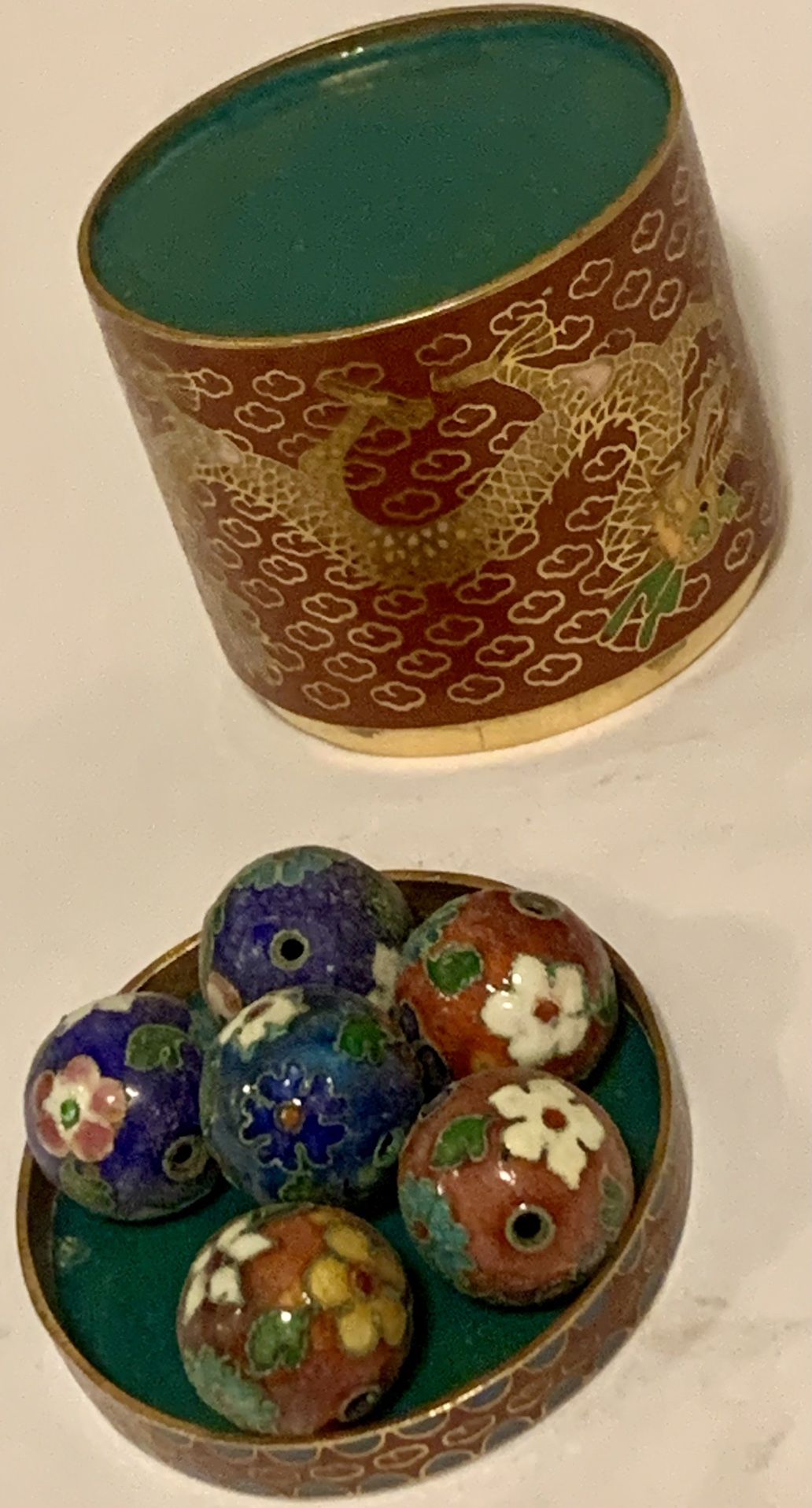 Vintage Set Of Chinese Cloisonné Container, Chinoiserie, Trinket with the 2 Dragons Motif, and 6 Cloisonné Beads With The Flowers Around