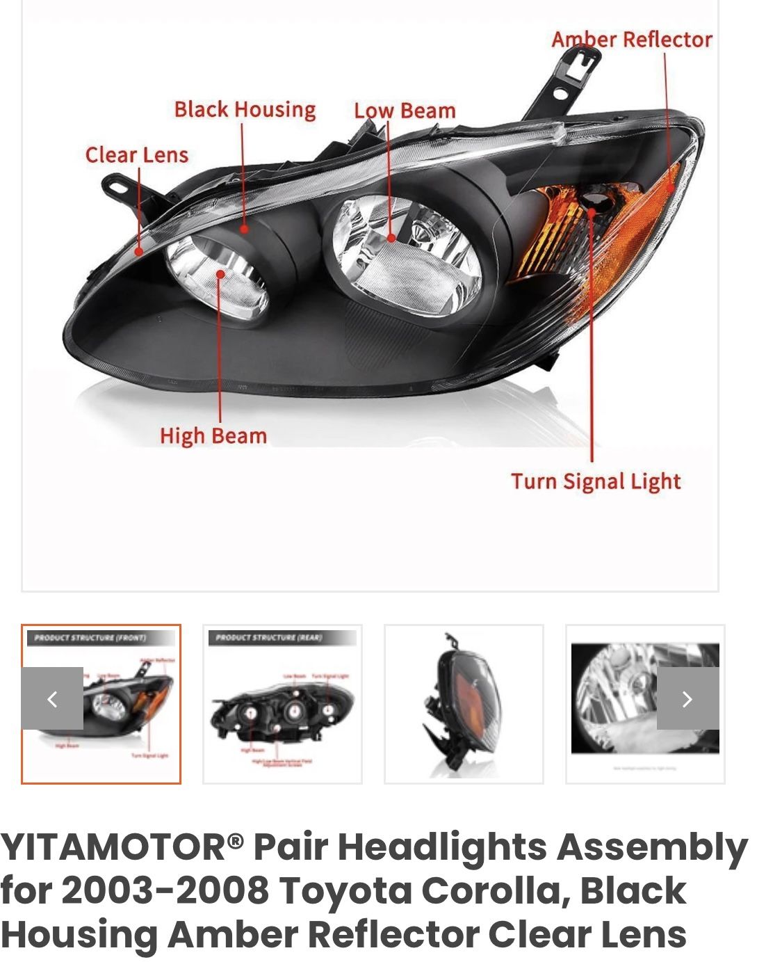 HA01-G015 Pair Headlights Assembly for 2003-2008 Toyota Corolla, Black Housing Amber Reflector Clear Lens