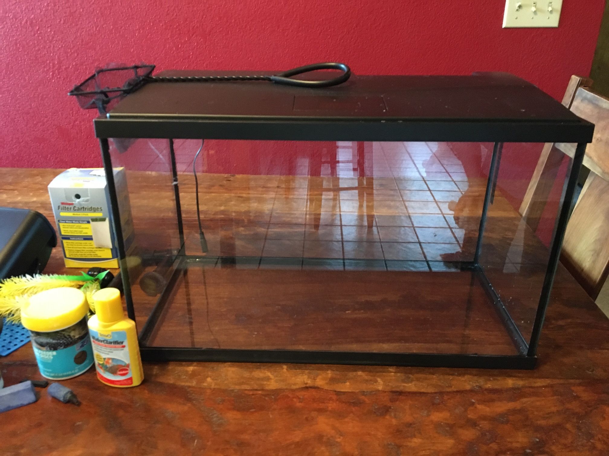 CLEAN Aquarium W Heater Filter Pump Fake Plants Food Stones