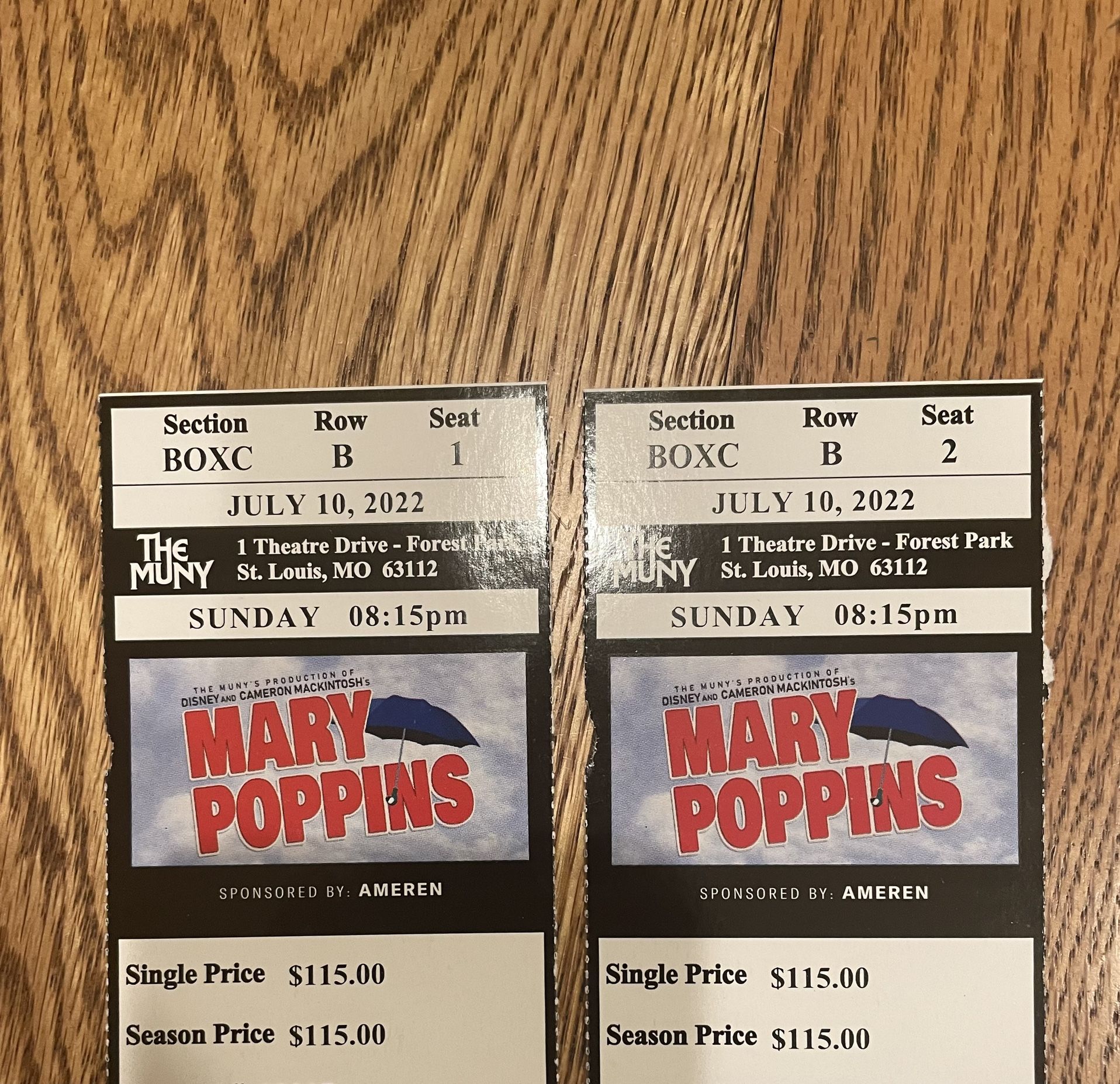 Muny Box Tickets To Mary Poppins Second Row Center