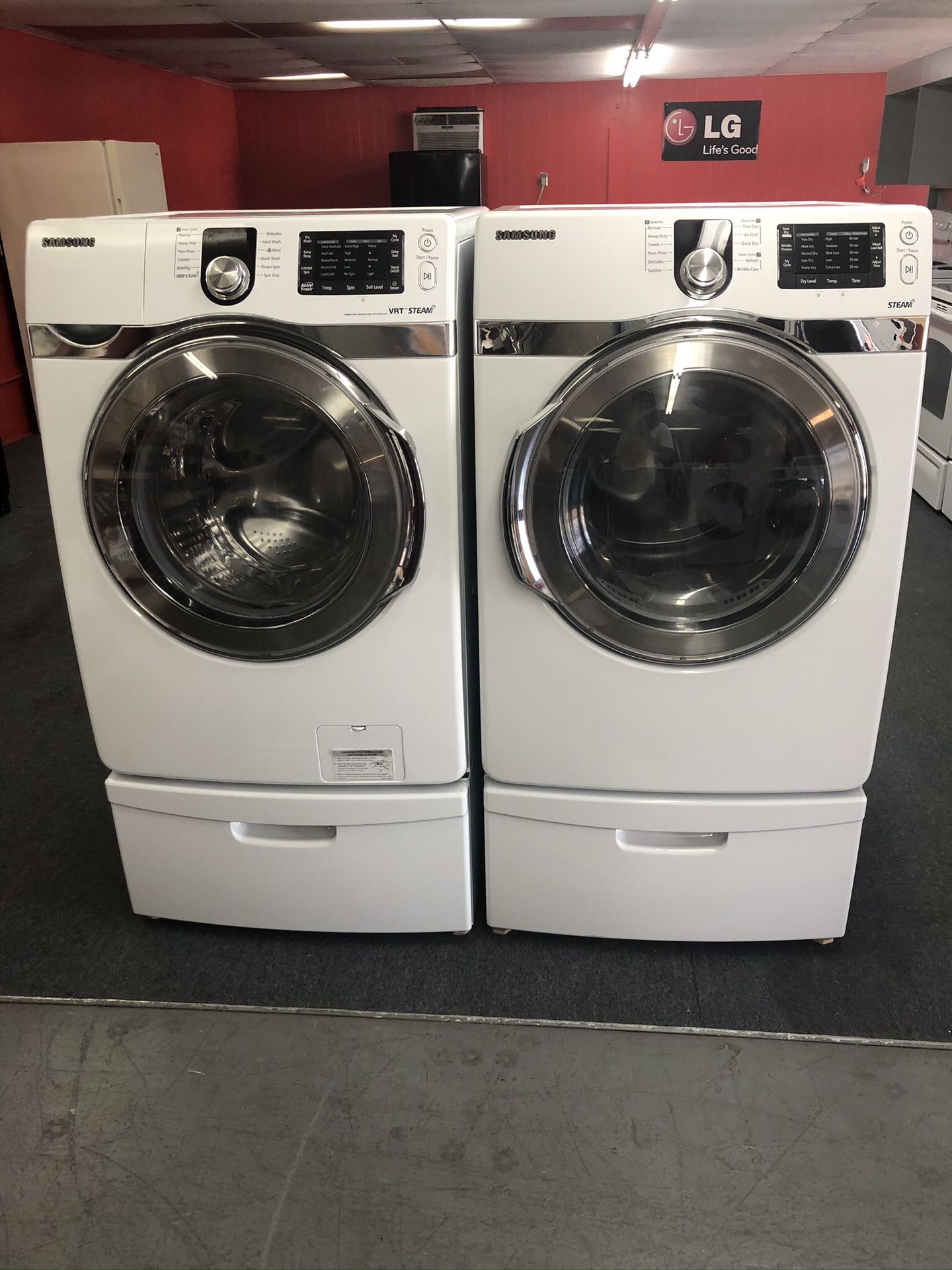 Used Samsung front load washer and dryer set. 1 year warranty