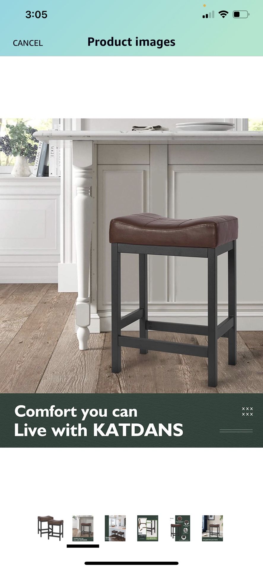 KATDANS Bar Stools Set of 2-Counter Height Stools - 24 Inch Saddle Stool - PU Leather Kitchen Stools - Brown/Black - Metal Base, KS861P-B