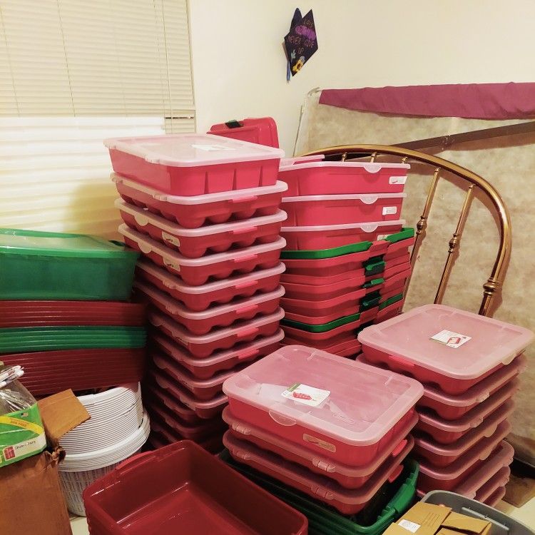 Plastic Stackable Storage Bins....$20--4ft Long Bin. Ornament Holder $7 Others $5.