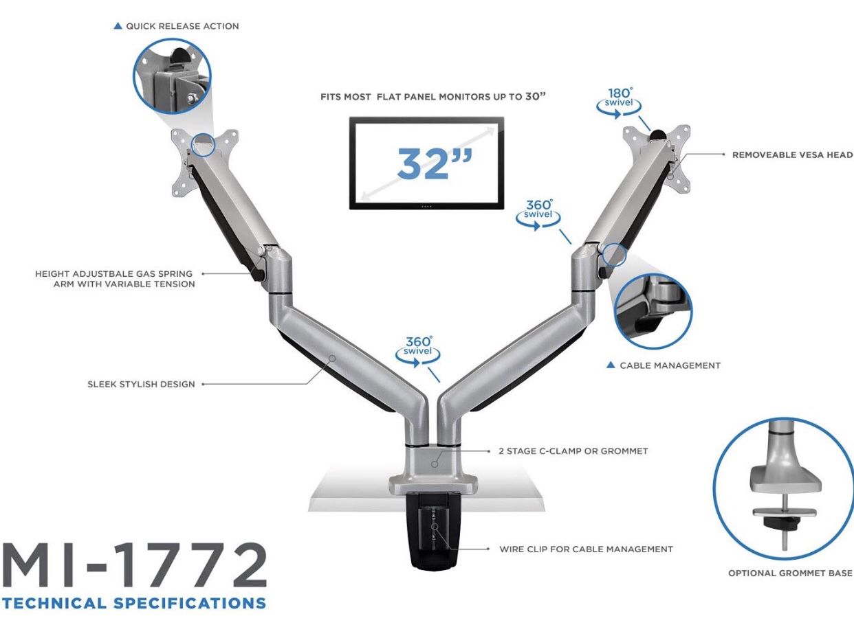 Mount It! Dual Monitor Arms for Desk, Height Adjustable Full Motion Monitor Stand With Gas Spring Arms, Fits 24, 27, 29, 30, 32 Inch Computer Screens