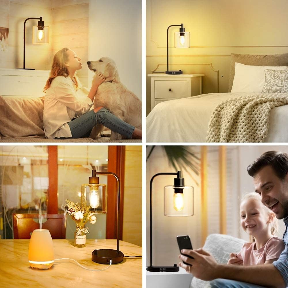 Industrial Table Lamp, Fully Dimmable Modern Nightstand Lamp with Dual USB Port, Glass Shade Table Lamps