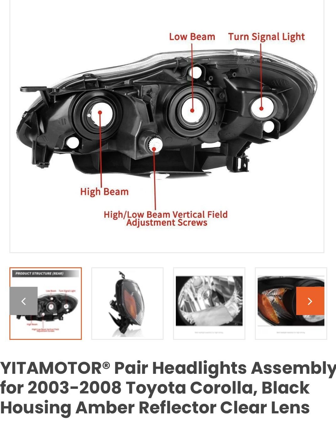HA01-G015 Pair Headlights Assembly for 2003-2008 Toyota Corolla, Black Housing Amber Reflector Clear Lens
