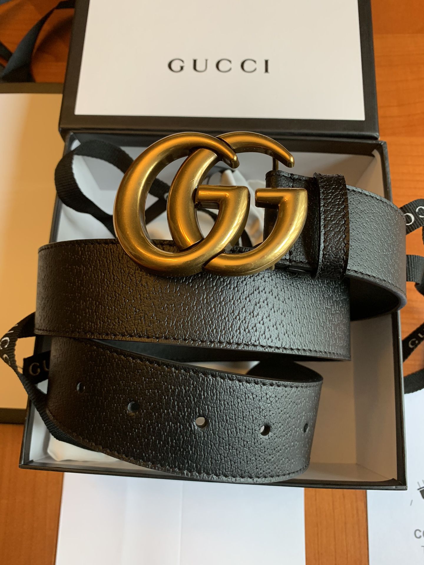 New Authentic Gucci Black Leather Belt With Double G Gold Buckle (Now ...