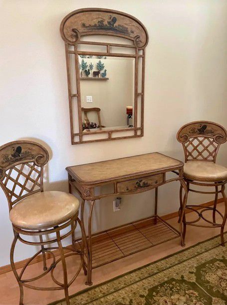Entry Table,Mirror,2 Bar Stools,Bench