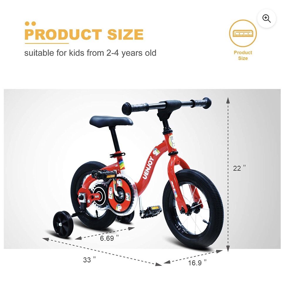 NIB 2 in 1 Kids Bike & Balance Bike 12” w/Detachable Training Wheels, Adjustable, 2-6 Years Old, Red