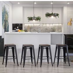 Bar Stools Set of 4 with Wooden Seat Backless Barstools Industrial Counter Height Bar Stools Stackable for Kitchen (26 inch, Matte Black ) Thumbnail