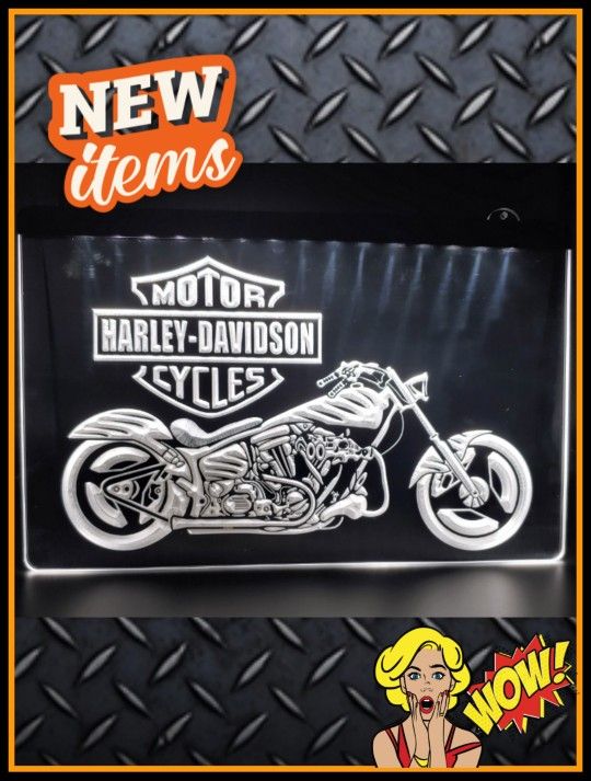 NEW 3D HARLEY DAVIDSON (+Others) 8"x 12" EDGE LIT SIGN• MAN CAVE. BAR. GARAGE. LIGHT! NEON LIKE GLOW