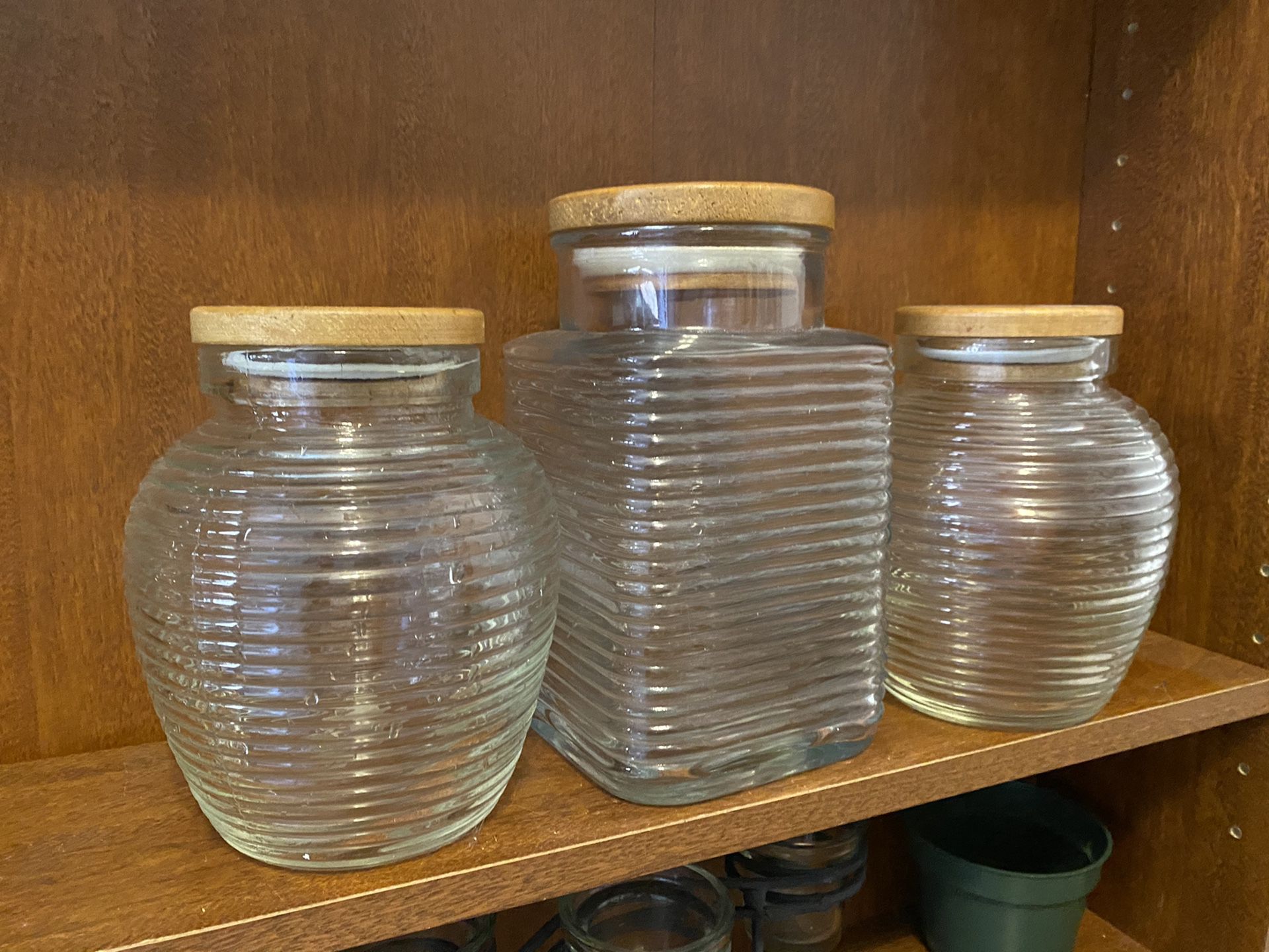 Set of Jar glassware, wood tops