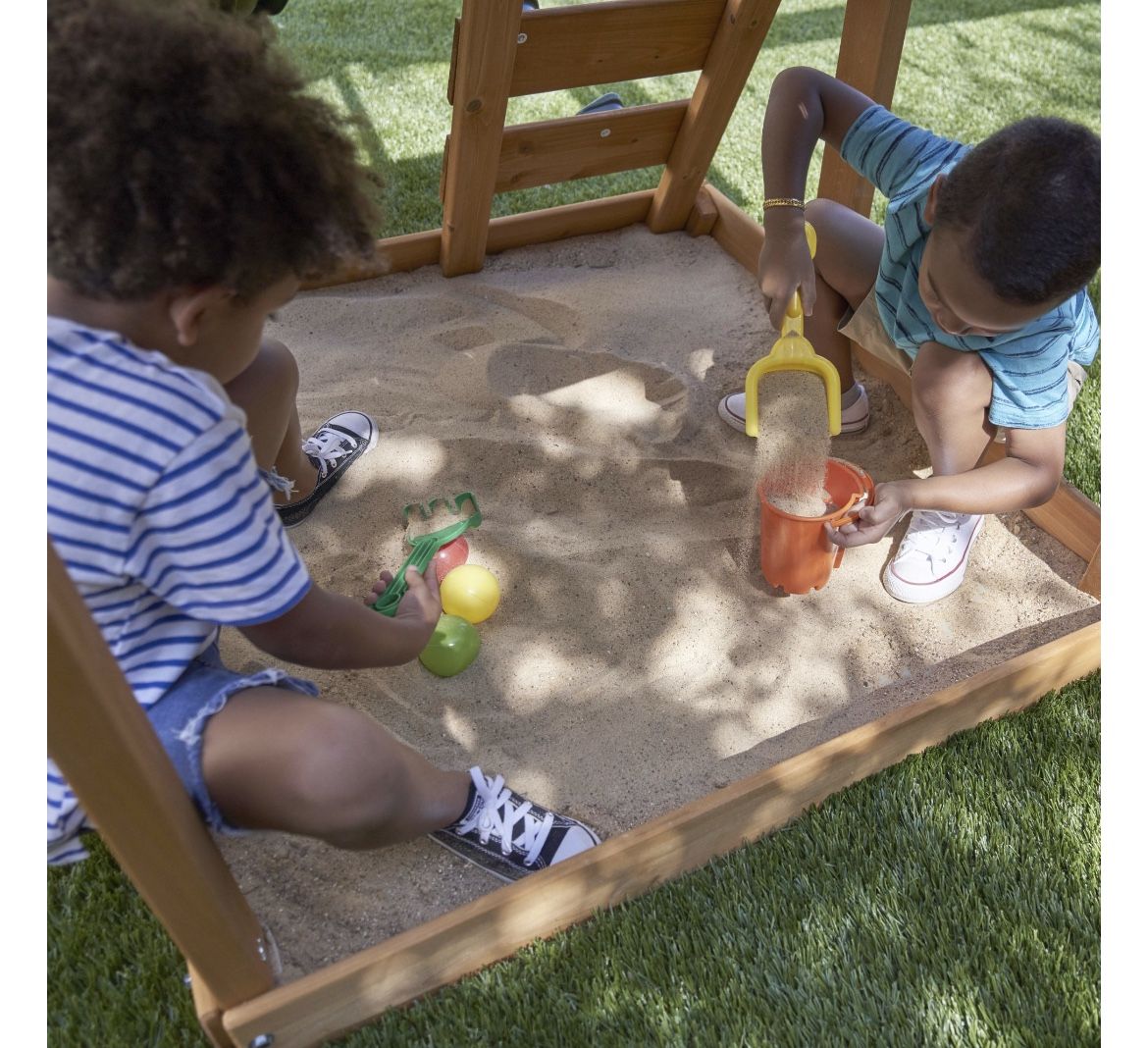 KidKraft Ainsley Wooden Outdoor Swing Set with Slide, Chalk Wall, Canopy and Rock Wall