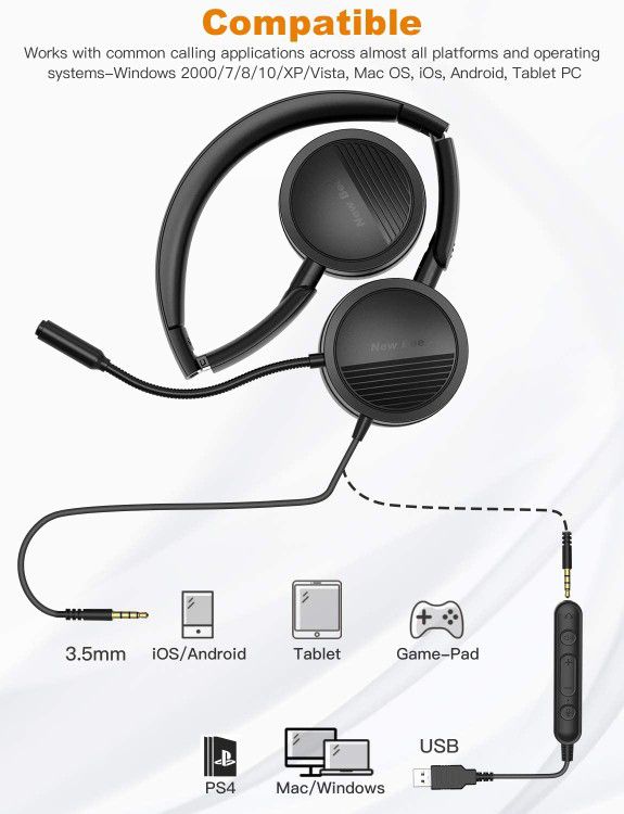 New Bee USB Headset Microphone in-Line Call Controls Computer Office Call