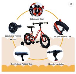 NIB 2 in 1 Kids Bike & Balance Bike 12” w/Detachable Training Wheels, Adjustable, 2-6 Years Old, Red Thumbnail