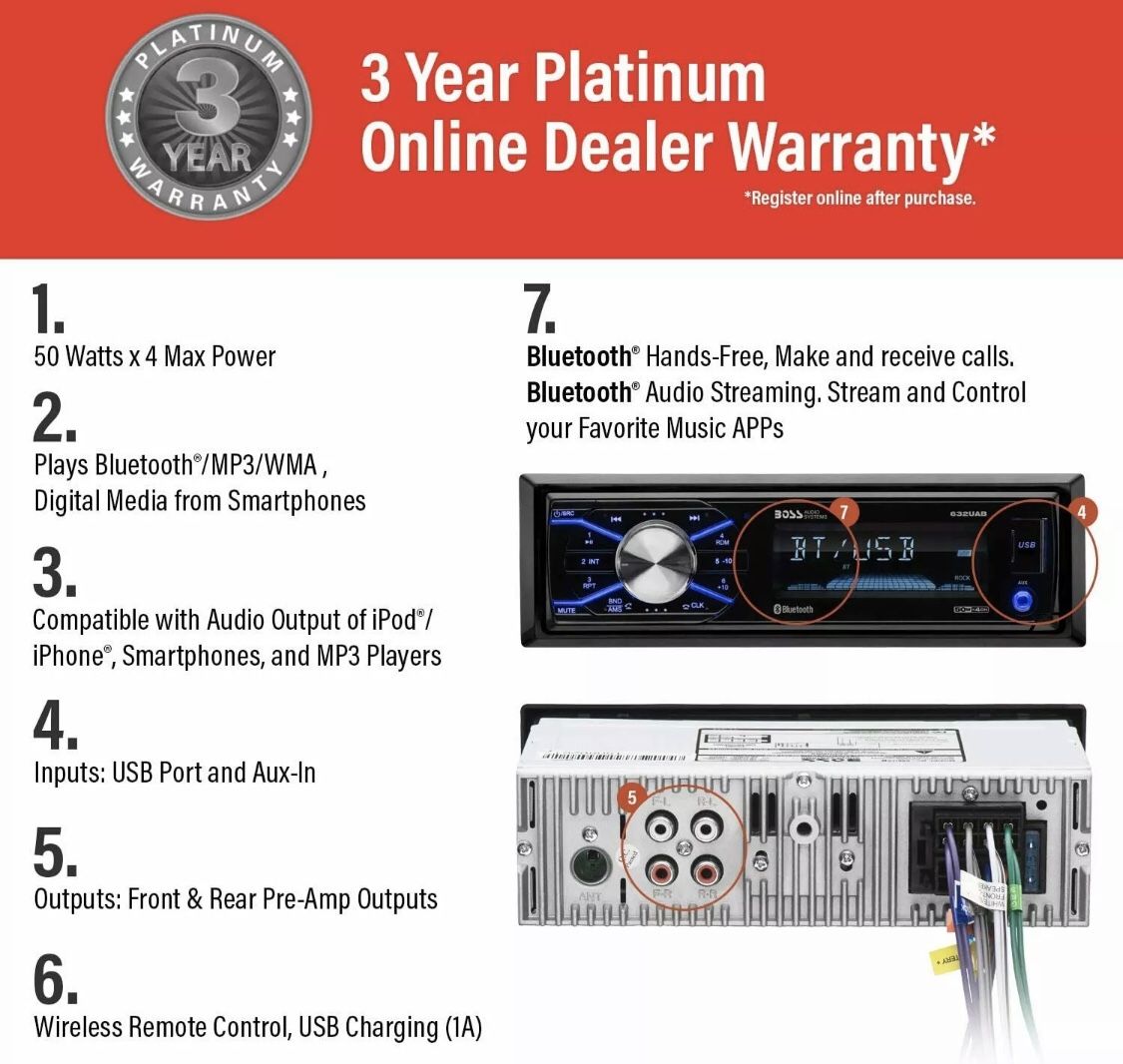 BOSS 632UAB Single 1 Din MP3 Bluetooth USB AUX AM/FM Car Stereo Detachable Face