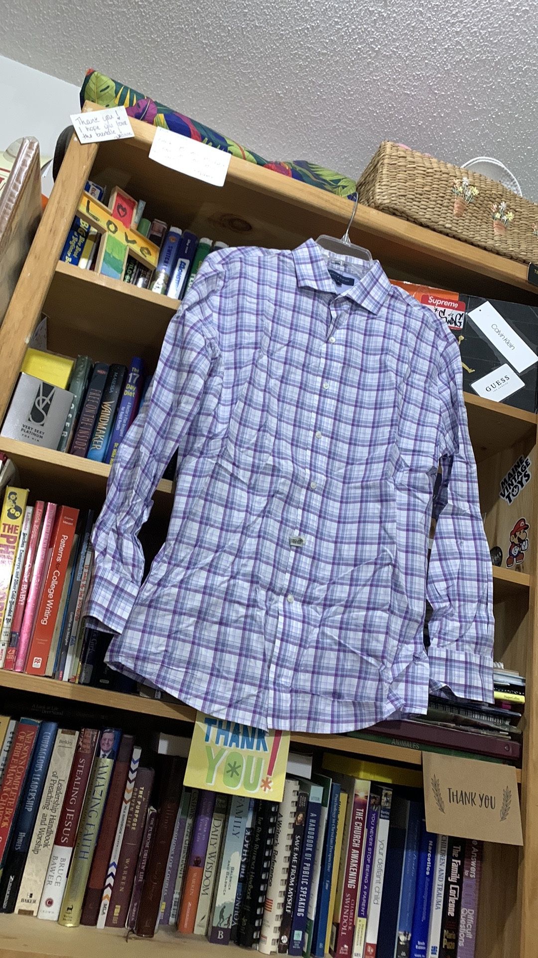 TOMMY HILFIGER-men’s violet/blue plaid ‘SLIM FIT’ long sleeve dress shirt