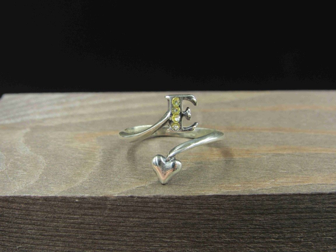 Size 6.5 Sterling Silver Letter E & Heart Worn Crystal Band Ring Vintage Statement Engagement Wedding Promise Anniversary Bridal Cocktail