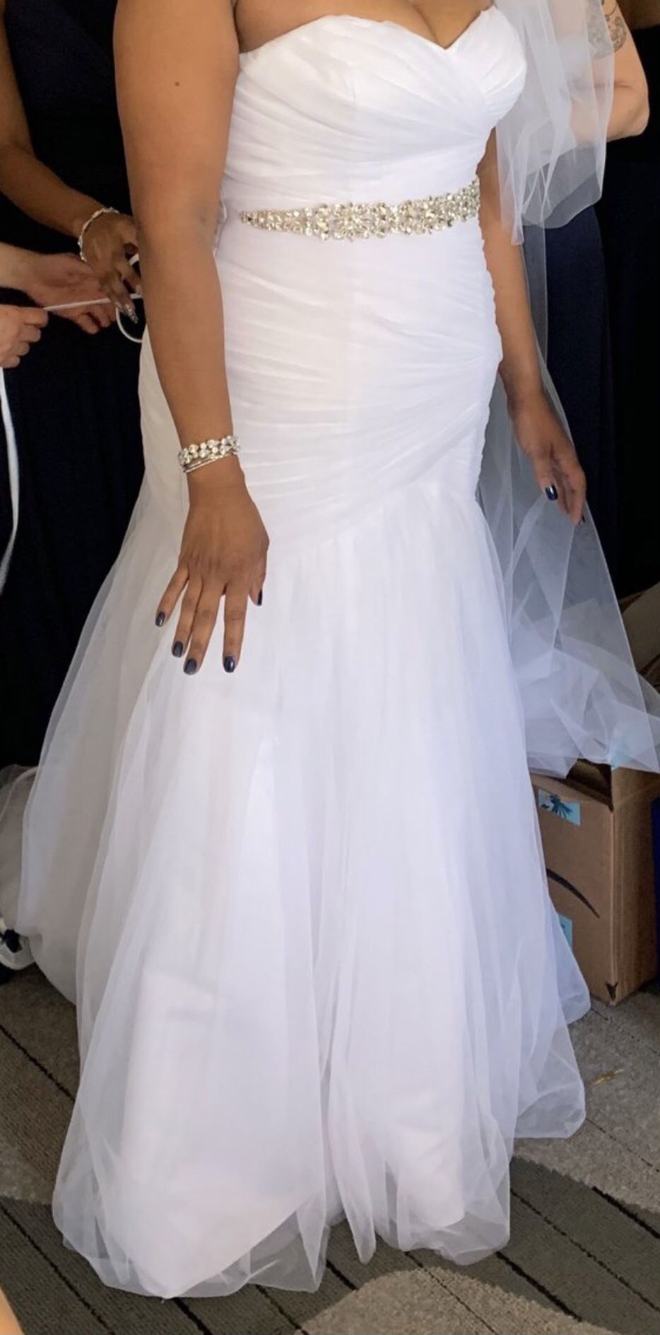 White Wedding Dress Sz. 14 Floor Length Crystal Sash Attached