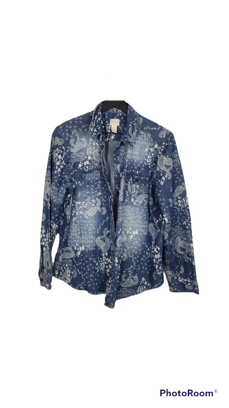 Chico's Paisley Lightweight Cotton Jean Jacket Shirt Women’s Size 2 (Large)