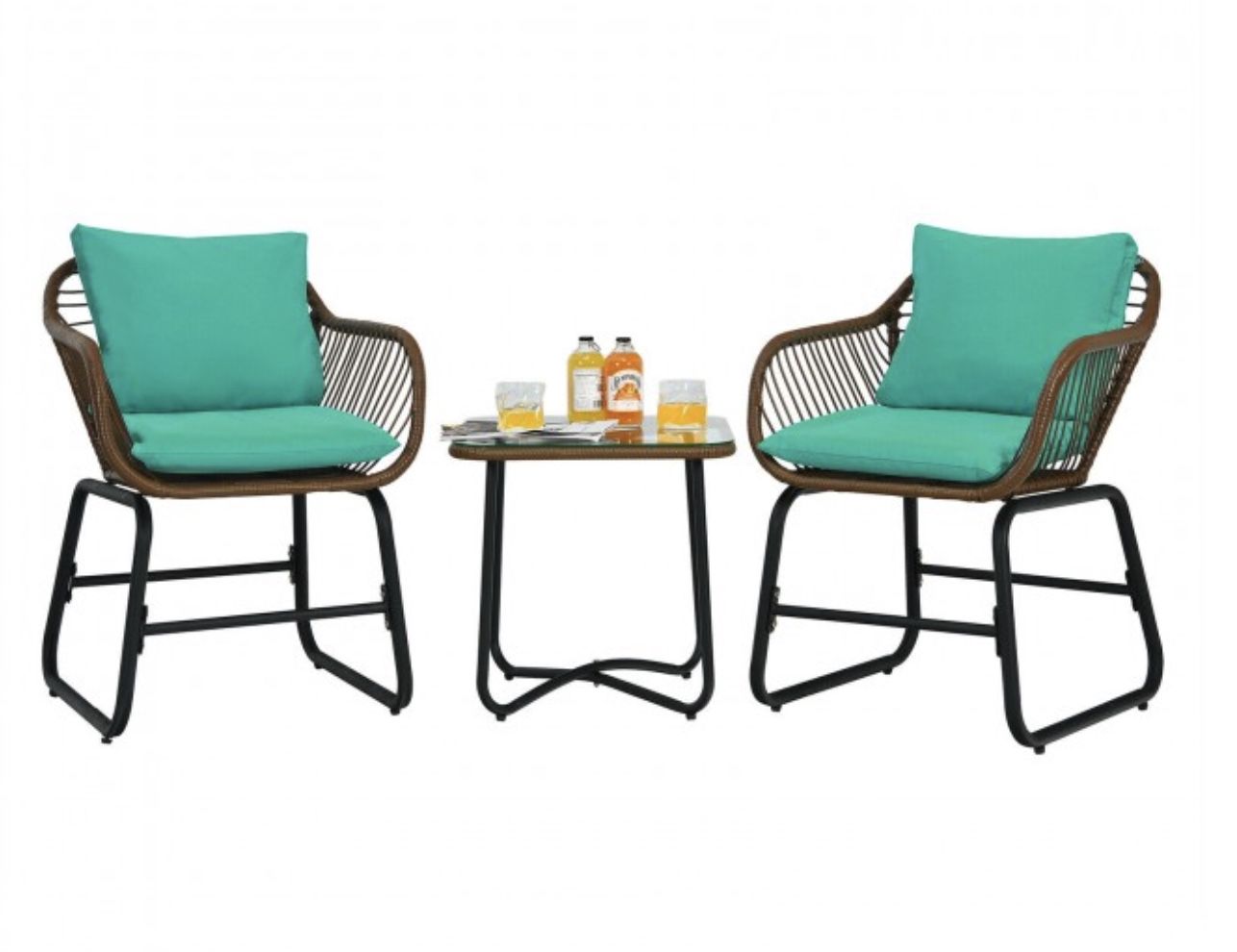 3 Pcs Bistro Set Cushioned Chairs Glass Table Rattan Furniture