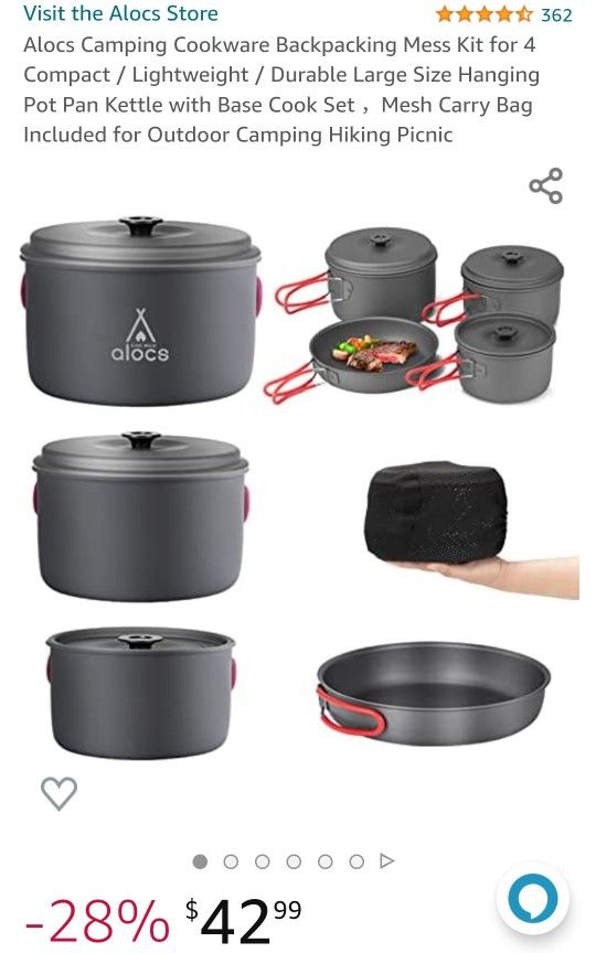 New Alocs Camping Cookware Backpacking Mess Kit for 4 Compact