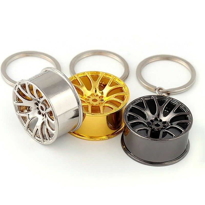 3 PC Wheel Rim Keychain Gold Black Silver Keychain