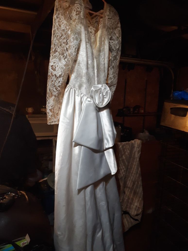 White satin and chantilly white lace wedding dress