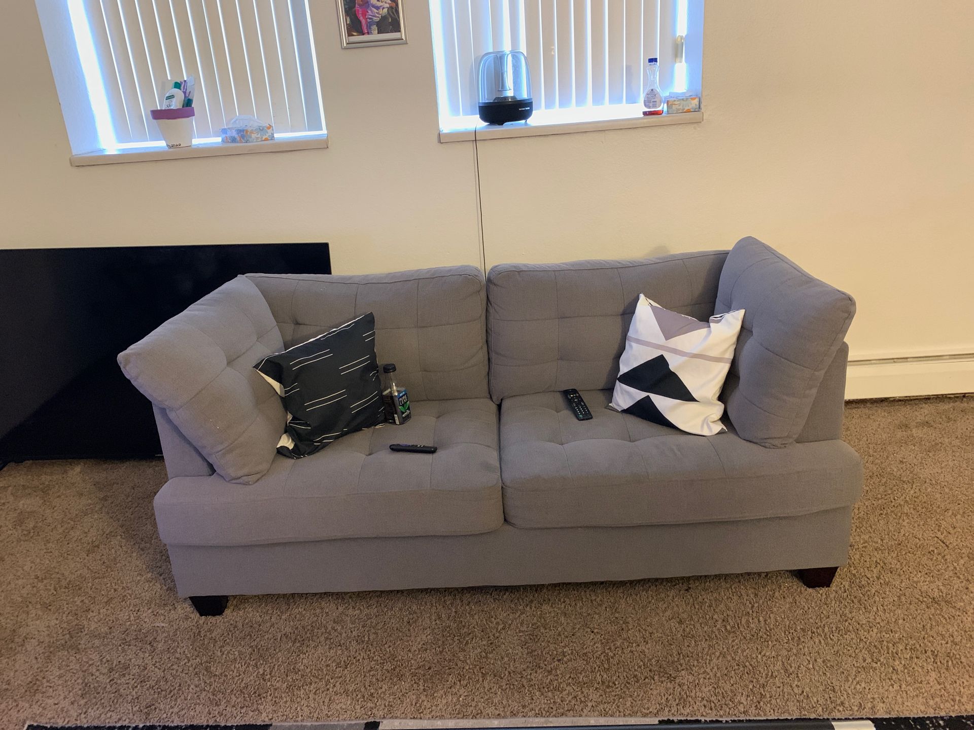 Living room set , with one couch , end tables , rug , tv and stand .