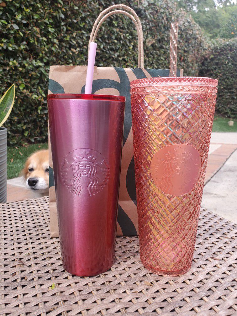 Starbucks Tumblers Pink Ombre And Peach Bling Grid Jeweled Holiday