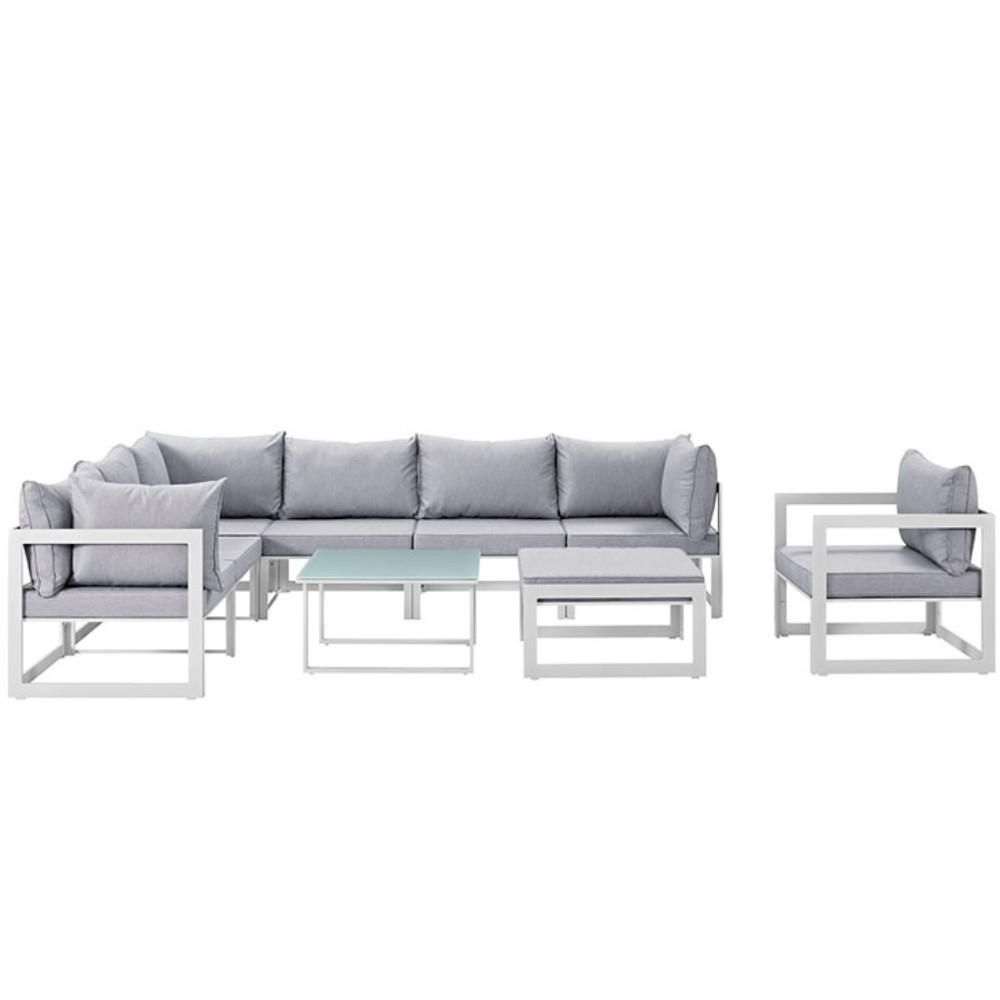 Fortuna 9 Piece Outdoor Patio Sectional Sofa Set, White Gray
